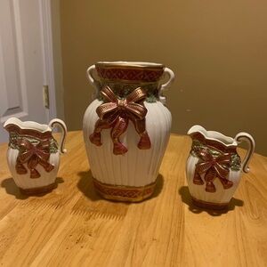 Holiday Ribbon Vase And Two Small Pitchers By International Bizarre